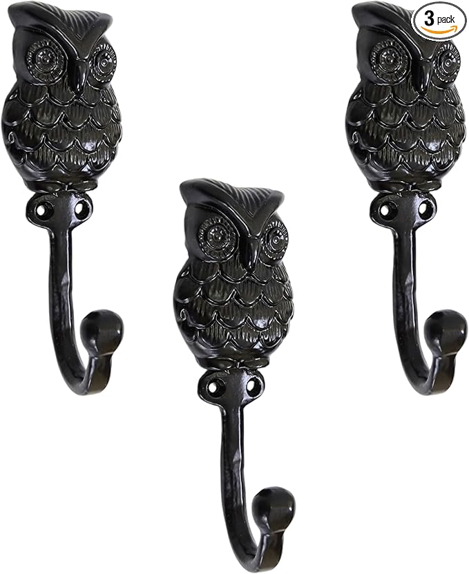Set of 3 Cast Iron OWL Shape Coat Hooks Wall Art Decor-OWL Shape Hangers and Key Holder-Clothes Rack and Backpack Hanger-Coat Hooks Home Decor for Storage,Living Room