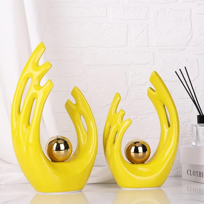 9.5"H Yellow Gold Aesthetic Room Decor Accent, TV Stand Funky Table Centerpiece, Abstract Art Ceramic Statue and Sculpture, Yellow Decor for Living Room, Bookshelf Decorative Objects, Shelf Decor