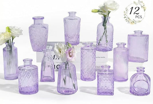 RUCKAE 12 Pack Glass Bud Vases Mini Flower Vase Small Vintage Vases for Centerpiece Table Wedding Decorations Home Decor Party (Purple)