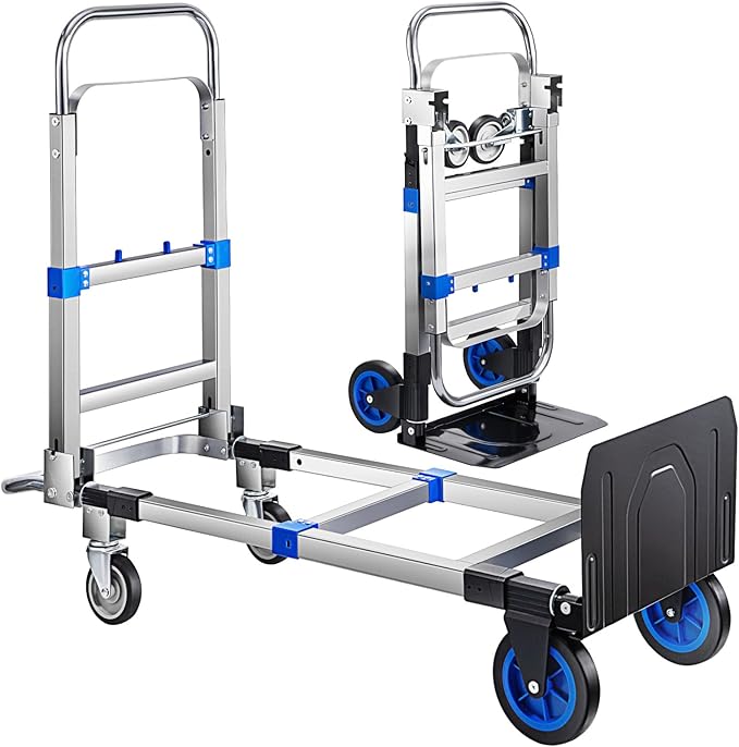 Pro 2 in 1 Aluminium Hand Truck Dolly 660lbs Capacity, Heavy Duty Convertible Hand Truck W/Pneumatic Wheels, Foldable Dolly Cart Collapsible Trolley for Moving with Retractable Handle