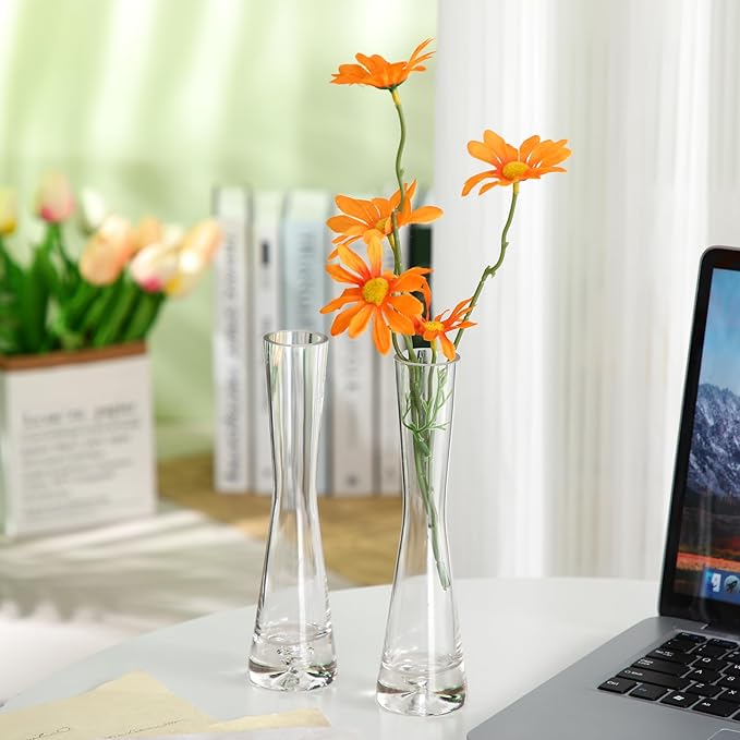 Sliner 6 Pcs Tall Glass Bud Vase for Centerpieces Clear Maria Bud Vase Small Single Flower Vase Rose Skinny Decorative Cylinder Vases for Wedding Party Home Table Decorations(7.87'' H)