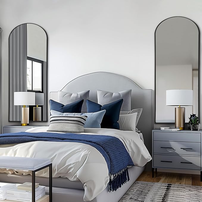 56"X18" Arched Full Length Mirror, Black Floor Mirror with Stand Hanging or Leaning Against Wall, Tempered Glass Full Body Mirror for Bedroom Living Room, Aluminum Alloy Frame