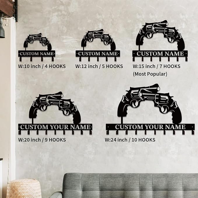 Personalized Custom Name Gun Wall Hooks,Metal Gun Room Art Clothes Hooks,Metal Gun Wall Home Storage Decorative,For Front Door, Hallway, Kitchen, Bedroom,Keys,Hats (Style B)