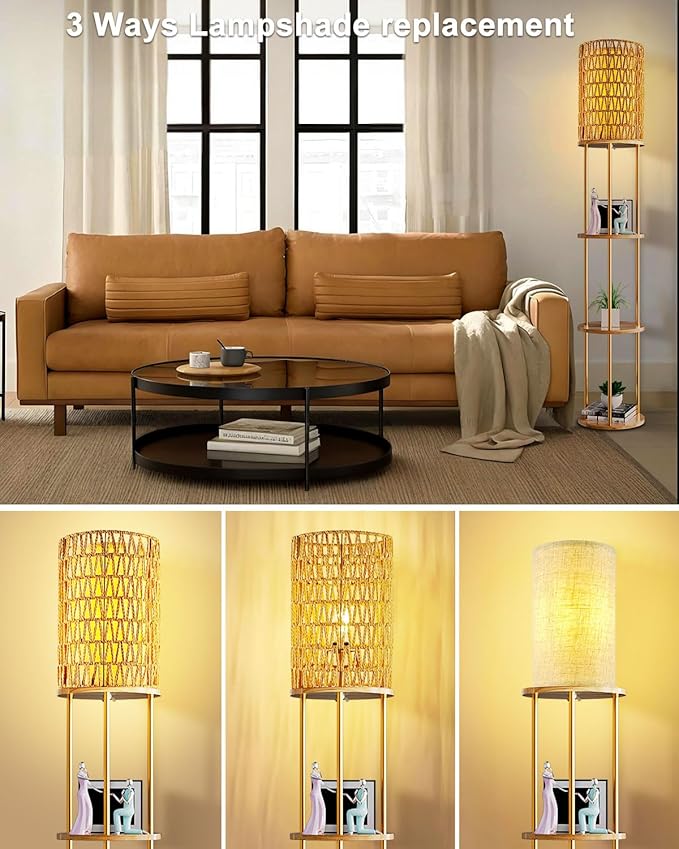 ACOHOOK 61" Rattan Floor Lamp with Shelves, 3-Tier Storage Shelves with 3000K E26 Bulb Included, 35lb Capacity Solid Wood Design, Corner Bookshelf Floor Lamps for Living Room, Bedroom Home Decor-Gold