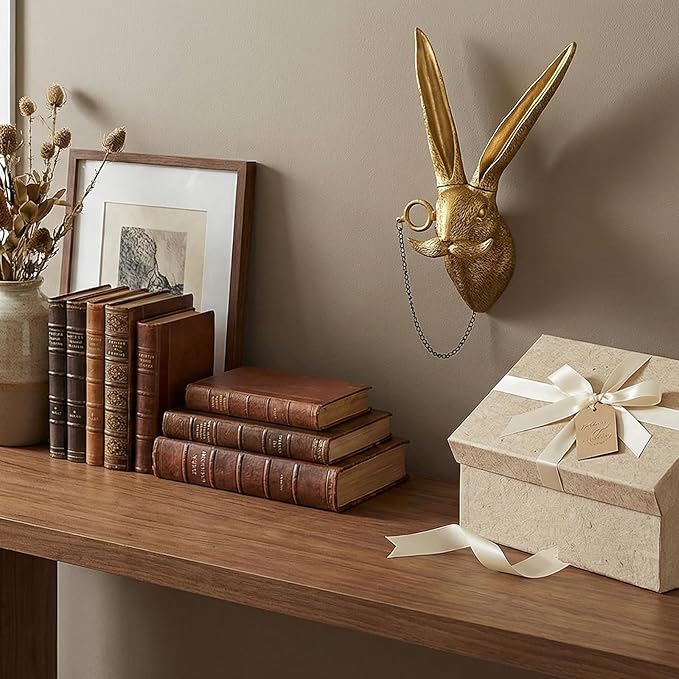 Juedawyal Gold Animal Head Wall Decor – Golden Rabbit Head with Monocle, 10” Resin Scholarly Animal Wall Sculpture