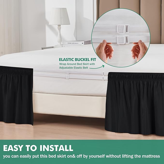 Biscaynebay Wrap Around Bed Skirts with Split Corners for Full Beds 15" Drop, Black Adjustable Elastic Dust Ruffles Easy Fit Wrinkle Resistant Silky Luxurious Fabric Machine Washable