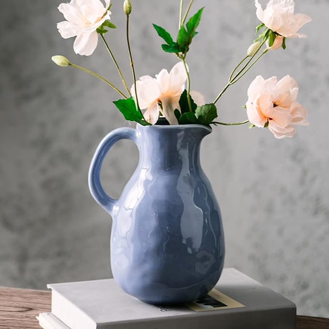 Kimdio Blue Ceramic Vase with Handle, Modern Pitcher Vases for Home Decor, Pottery Decorative Flower Vase, Clay Vases, Centerpieces for Living Room