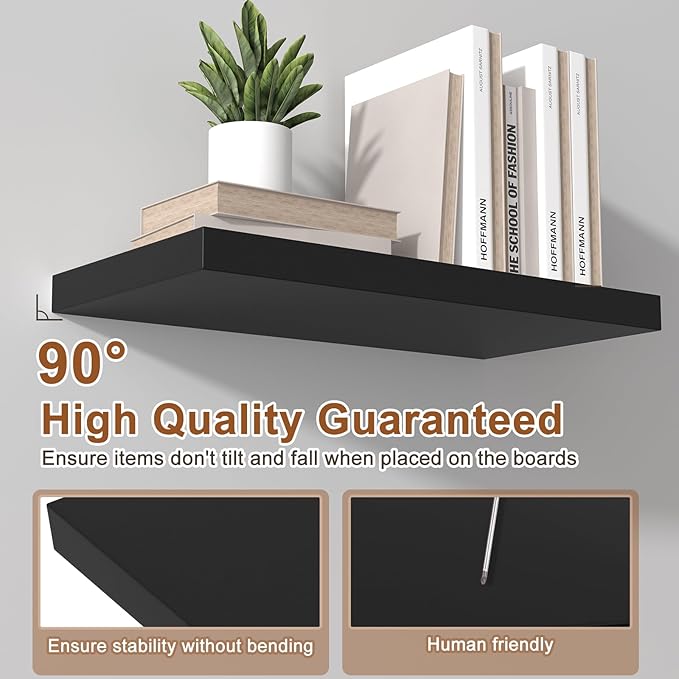 12 Inch Deep Floating Shelves for Wall 3 Pack Floating Shelfs Large Storage Space Wall Decor Display Shelf for Bathroom Living Room Bedroom Kitchen 23.8" W x 12" D x 1.2" H Black