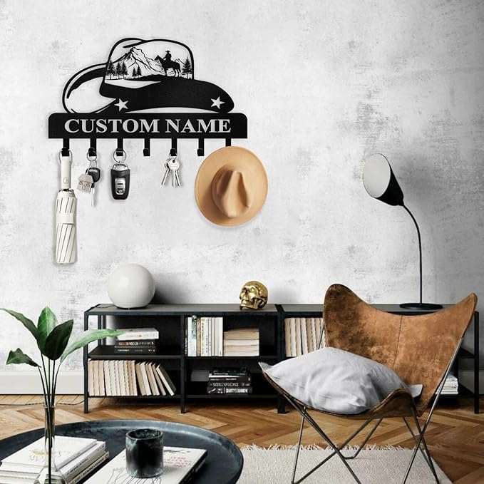 Personalized Cowboy Coat Hooks, Cowboys Key Holder for Wall, Clothes Cowboy Hat Rack and Backpack Hanger, Western Wall Decor, Metal Key Rack Organizer for Kitchen Entryway Color03