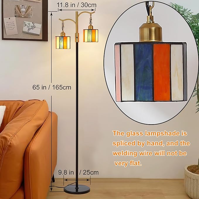 Asmymhd Vintage Dimmable Floor Lamp, Tiffany Standing Lamp with 2 Stained Glass Shades, Rustic Farmhouse Floor Lamp with Black and Gold Finish for Living Room Bedroom