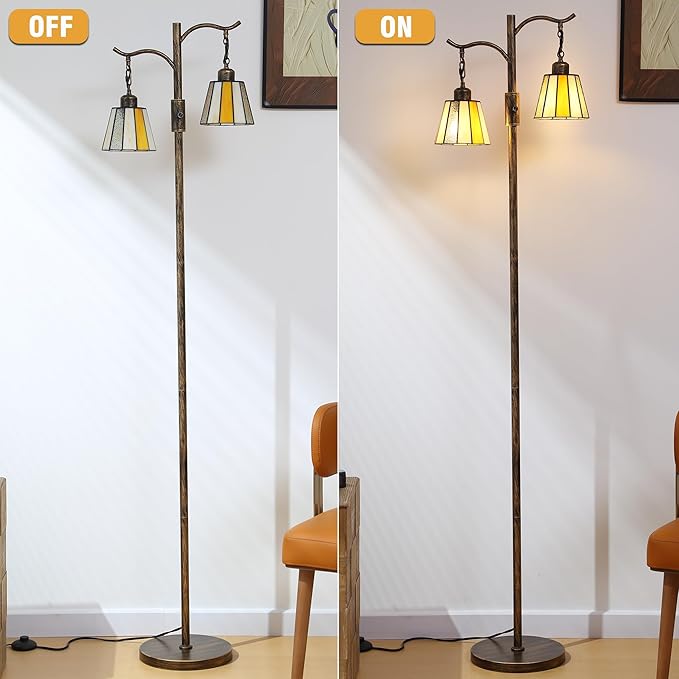 Asmymhd Vintage Dimmable Floor Lamp, Tiffany Standing Lamp with 2 Stained Glass Shades, Rustic Farmhouse Floor Lamp with Bronze Finish for Living Room Bedroom