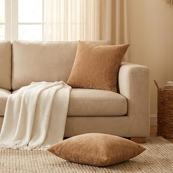 Set of 4 Brown Throw Pillow Covers 18x18 Inch, Neutral Boho Farmhouse Aesthetic Decorative Pillow Cases for Couch, Sofa, Living Room & Bed, Soft Chenille Pillow Cases, Stylish Home Decor, 45x45 cm