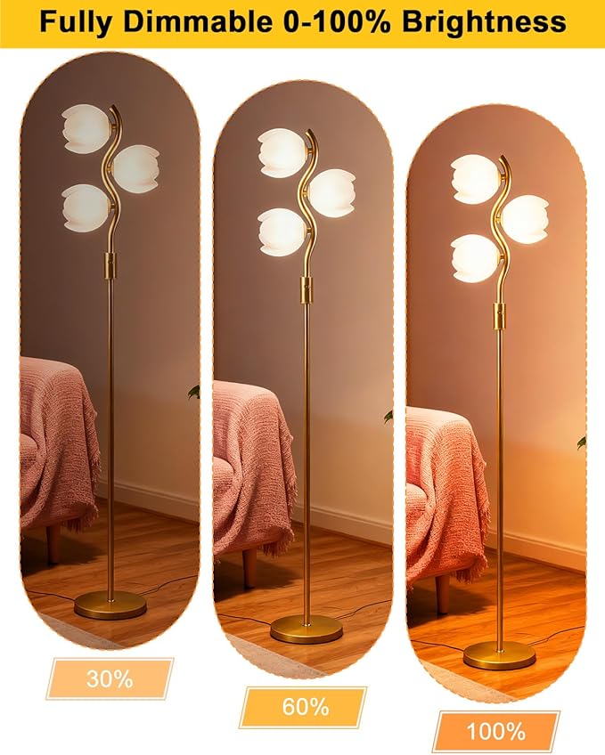 Lightdot 62IN Gold Floor Lamp Stepless Dimmable Bud-Shaped Floor Lamps with 3Pcs 3000K G9 Bulbs Eye-Friendly Mid Century Standing Lamps with Stable Base for Living Room/Bedroom/Corner/Office