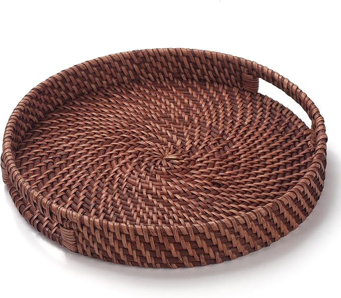 11 inch Rattan Tray, Round Wicker Tray with Cut-Out Handles, Woven Serving Tray for Dining / Coffee Table