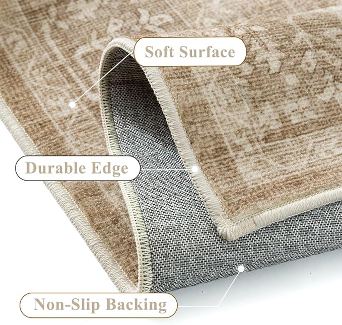 PureCozy 2x3 Brown Entryway Rug Vintage Area Carpet Indoor Kitchen Washable Door Mat Entrance Small Low Pile Traditional Distressed Retro Accent Throw Boho Rug Non Slip Office Bathroom