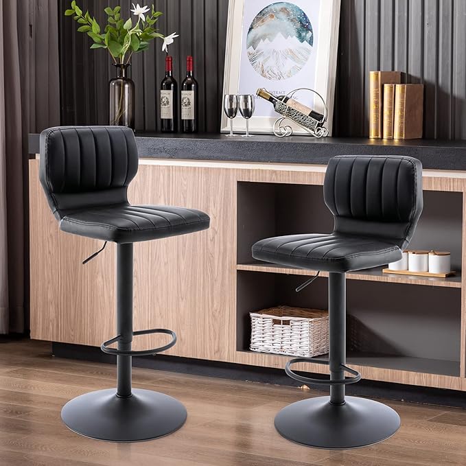 Brage Living Adjustable Bar Stools Set of 2, Modern PU Leather Swivel Barstools with Back, Armless Airlift Counter Height Bar Chairs for Kitchen Dining Pub Cafe (Black, Black Base)