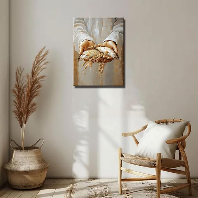 Jesus Feeds the 5000 Canvas Wall Art Christian Five Loaves and Two Bible Scripture Wall Decor Pictures 5 Bread and 2 Fish Posters Prints for Dining Living Room Kitchen Wall Bedroom Decoration12X16in