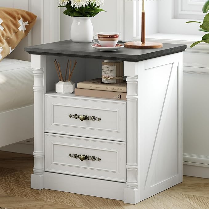 Farmhouse Nightstand with Charging Station and 2 Storage Drawers, 22" Wide Wood Vintage Night Stand with Charger and Roman Column, Rustic End Table, Bedside Table for Bedroom, Antique White