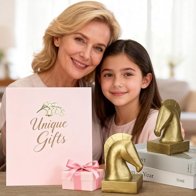 Gold Horse Head Decorative Bookends - Heavy Duty Non-Slip Book Holders, Horse Statue Book Ends for Shelves, Modern Equestrian Ornaments for Home Farmhouse Shelves Office Lover Gift