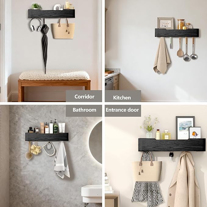 Coat Rack Wall Mount Entryway Organizer Modern Key Holder Wall Mount with Wooden Shelf Entryway Hooks for Bedroom Kitchen Hallway Bathroom for Hanging Coats Hats Dog Leashes Bags Towels