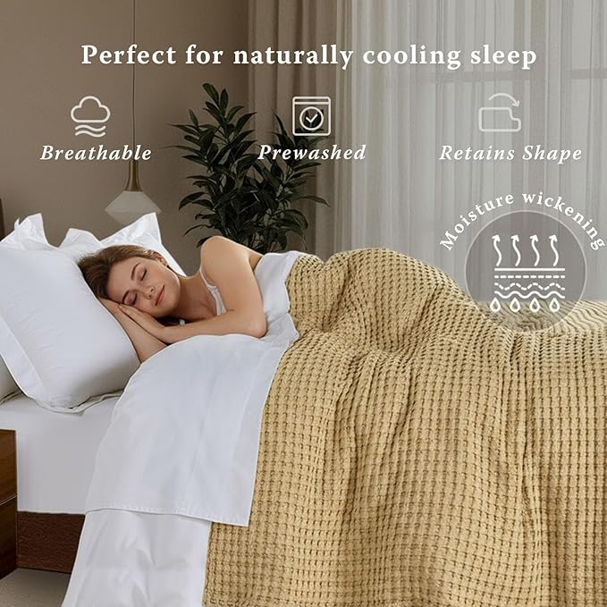 Threadmill Cooling Cotton Waffle Queen Size Blanket | Breathable, Lightweight & Ultra-Soft | Made from Rayon Derived from Bamboo | Cooling Throw Blanket for Couch and Sofa | 90 x 92 Inches | Beige