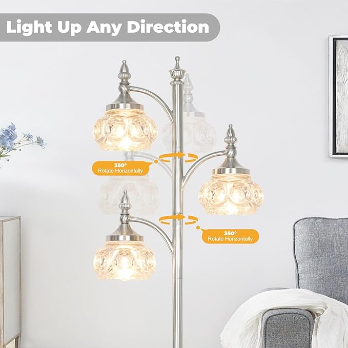 JUNNAI Brushed Nickel Floor Lamp 66.5'' Tall Standing Lamp Dimmable Tree Floor Lamps with 3 LED Lights Glass Shades Silver Lamp for Living Room Bedroom Office(3 Bulbs Included)