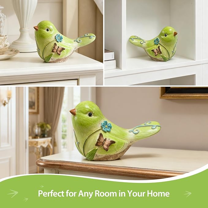 Green Resin Bird Sculpture Home Decor, 4.3 Inch Cute Statues Decorative Objects for Room, Bedroom, Living Room,Office Desk, Book Shelf,Coffee Table,Entryway, Gifts for Bird Lovers