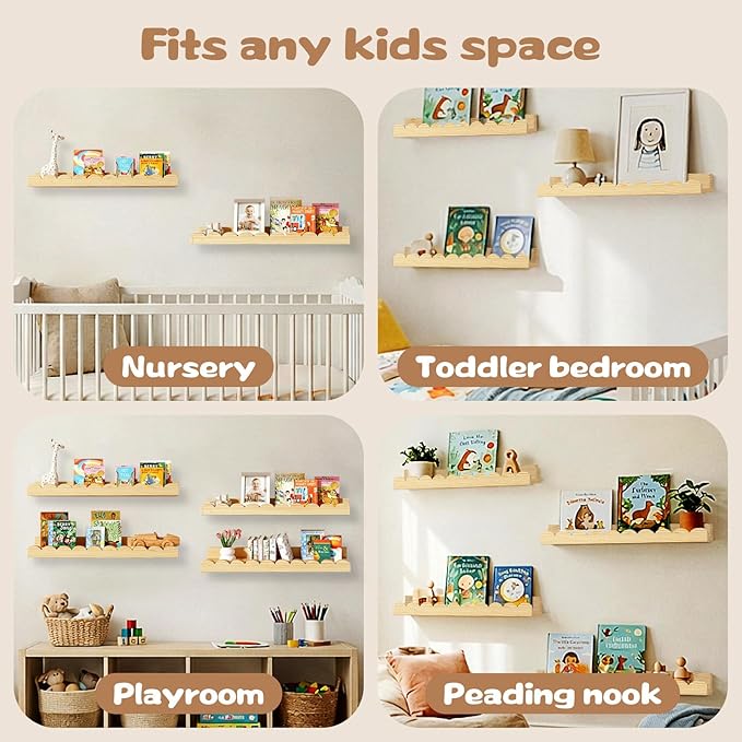 Nursery Floating Shelves for Kids Room, 2 Pack 23.6 Inch Natural Wood Wall Shelves with Scalloped Edge, Kids Bookshelves for Toddler Bedroom, Playroom, Baby Nursery Decor