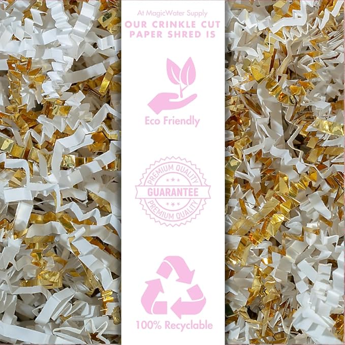 MagicWater Crinkle Cut Paper for Gift Baskets - 2LB - White & Gold - Perfect for Shredded Paper Filler, Basket Filler, Gift Boxes, Bridesmaid Gifts, Christmas Stuffers & More – Ideal for All Occasions