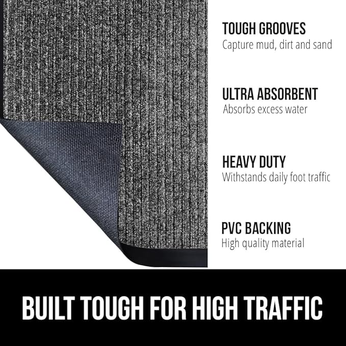GORILLA GRIP Waterproof Traffic Guard Door Mat, Heavy Duty Entryway Mats, Strong Backing Commercial Utility Rugs for Office Hallway, Garage Floor and Home, Low Profile Carpet, 29x17, Light Gray