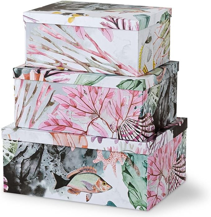 Soul & Lane Ocean Treasures Modern Home Décor Keepsake Boxes - Set of 3: Beach-Themed Photo Storage with Lids, Decorative Cardboard Nesting Gift Containers, Paper Mache Rectangle Boxes