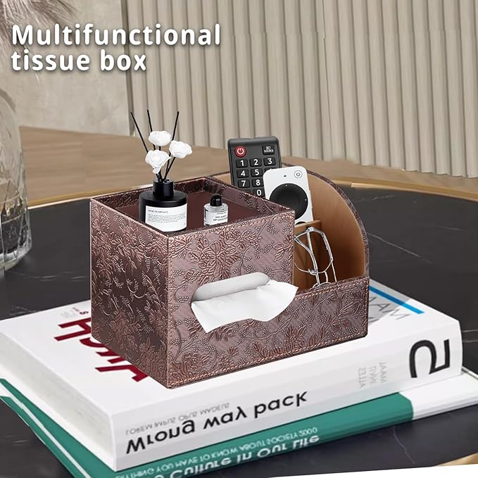 PU Leather Tissue Box Cover Square,Tissue Box Holder Organizer with Storage Tray and Remote Control Holder for Bathroom Countertop Night Stands Bedroom Office Desk,Napkin Caddy Decorative Black