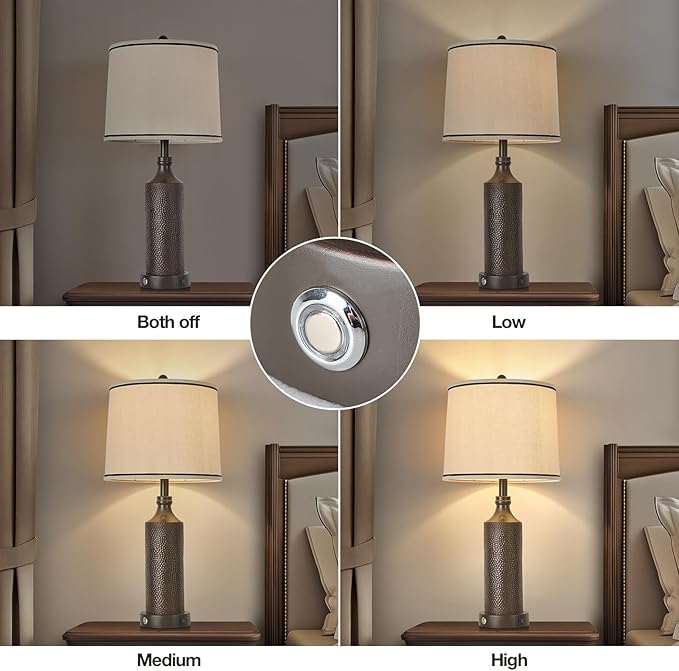 AIDENOEY 27.5" H 3-Way Dimmable Touch Control Table Lamp Set of 2，Vintage Bedside Lamp Nightstand Lamps with USB A+C Ports, Black Brown Finish Resin Table Lamp, for Living Room,Bedroom，Office