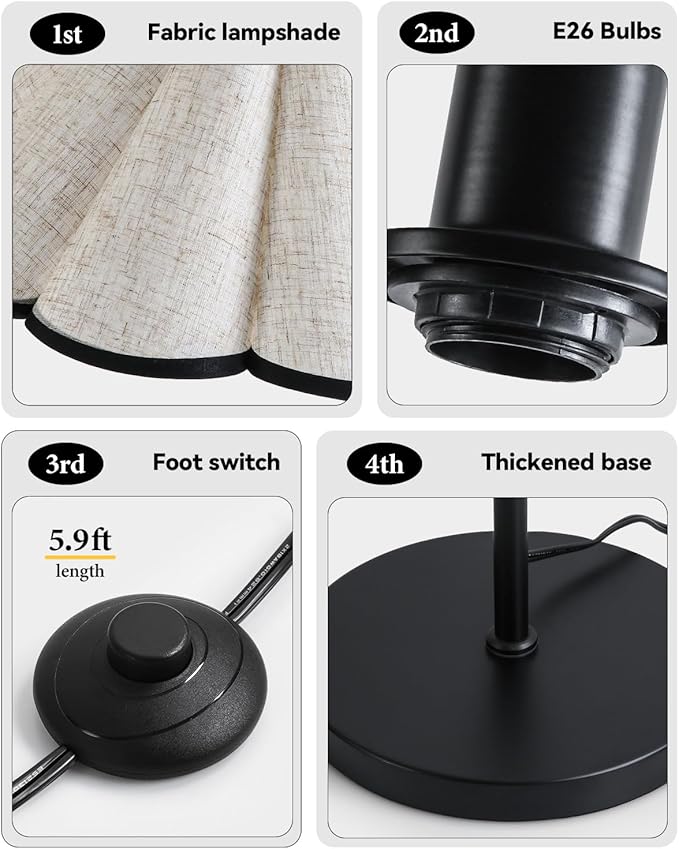 Omlaamy Floor Lamp with Pleated Linen Lampshade, Modern Flower Floor Lamp for Living Room Arc Standing Lamp, Gold Tall Lamp for Bedroom Office Dining Room, Bulb Included (Black + Black, 66.1IN)
