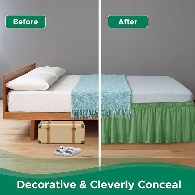 Biscaynebay Wrap Around Bed Skirts for King & Cal King Beds Short Drop of 12", Sage Adjustable Elastic Dust Ruffles Easy Fit Wrinkle Resistant Silky Luxurious Fabric Machine Washable