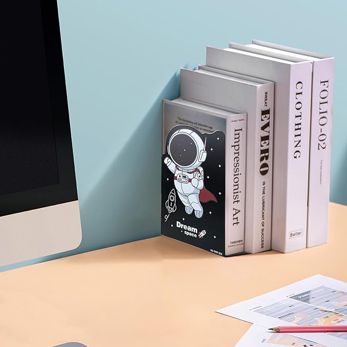 2 Pack Metal Bookends,5.3"x3.9"x8"Non-Slip Black Cartoon Astronauts Book Stopper,Heavy Duty Premium Space-Themed Decorative Book End, Supports for Kids Children Shelves,Room,School,Learning Gifts