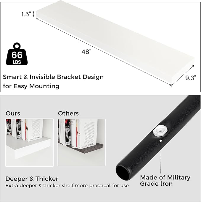 Floating Shelves for Wall, Engineered Wood Wall Shelves with Invisible Brackets for Living Room Bedroom Bathroom Office Kitchen Decor and Storage (White, 48" W x 9" D x 1.5" H) Set of 2