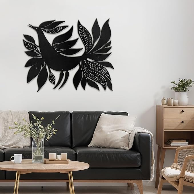 SIGNLEADER Metal Wall Art Decor Bird with Leaves Minimalist Modern Abstract Wall Sculpture Hangings Home Decoration for Living Room, Bedroom, Bathroom, Kitchen, Outdoor - 18" Black
