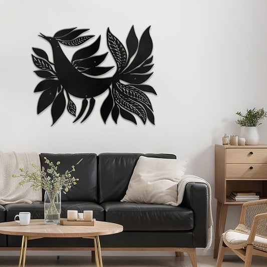 SIGNLEADER Metal Wall Art Decor Bird with Leaves Minimalist Modern Abstract Wall Sculpture Hangings Home Decoration for Living Room, Bedroom, Bathroom, Kitchen, Outdoor - 18" Black