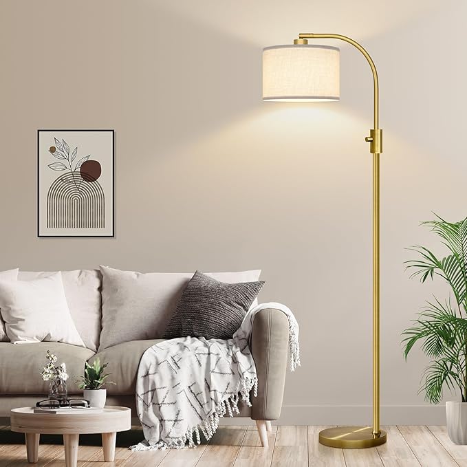 【Upgraded】 Dimmable Brass Floor Lamp, 1200 Lumens LED Bulb Included, Arc Floor Lamps for Living Room Modern Standing Lamp with Linen Shade, Tall Lamp for Living Room Bedroom Office Reading Room