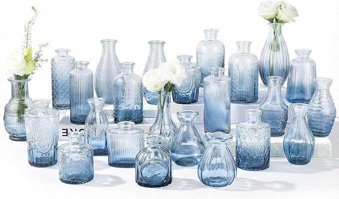 24 Pack Bud Vase in Bulk - BEAHOT Blue Flower Vases for Wedding Decorations, Glass Vase for Table Decorations, Small Vase for Home, Mother's Day, Centerpieces, Party, Office (Blue Gradient)