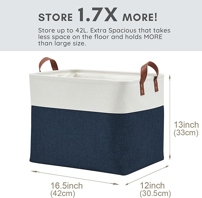 DECOMOMO Large Fabric Storage Baskets - Linen Closet Storage Bins with Handles for Laundry, Clothes, Home, Office (Navy Blue & White, XXL - 3 Pack)