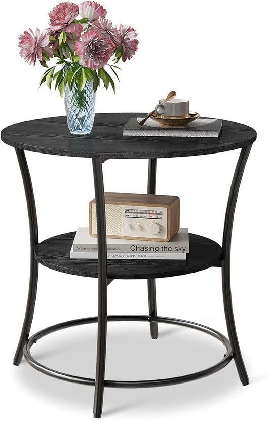 WLIVE Side Table, Round End Table with 2 Storage Shelves for Living Room, Bedroom, Nightstand with Steel Frame for Small Spaces, Accent Coffee Table, Black