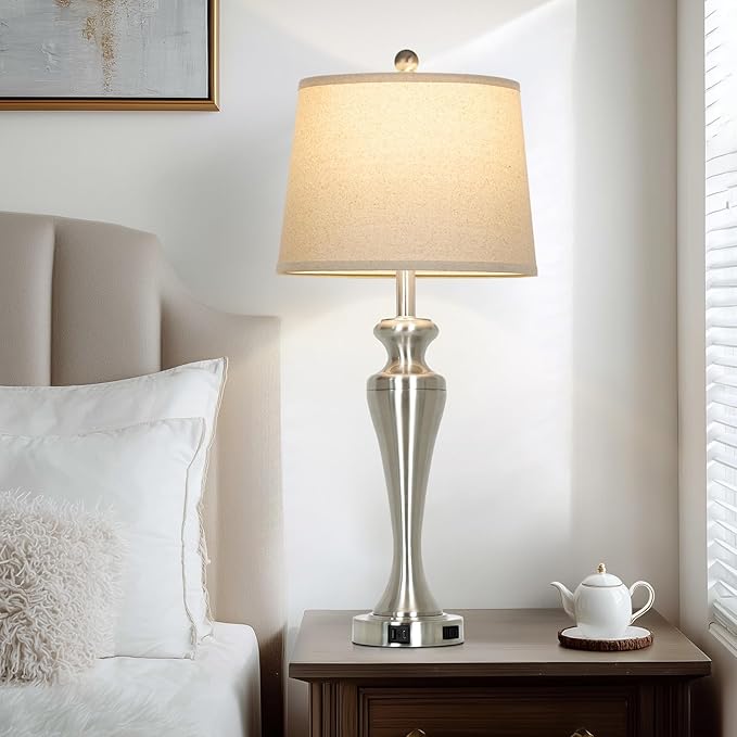 30" Table Lamps Set of 2, 3-Way Dimmable Touch Bedside Lamp with USB A+C Ports and AC Outlet, Tall Living Room Lamps for Side Table, Modern Brushed Nickel Bedroom Lamp for Nightstand, Silver