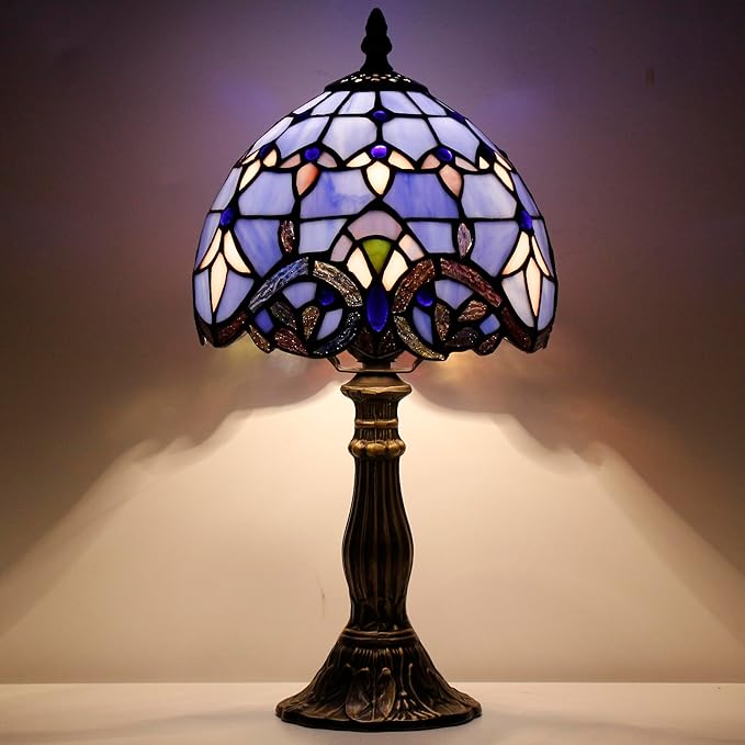 Small Tiffany Lamp Stained Glass Desk Lamp Vintage Tiffany Bedside Table Lamp for Home Living Room Bedroom Nightstand 8X15 Inch (Blue Baroque Style)