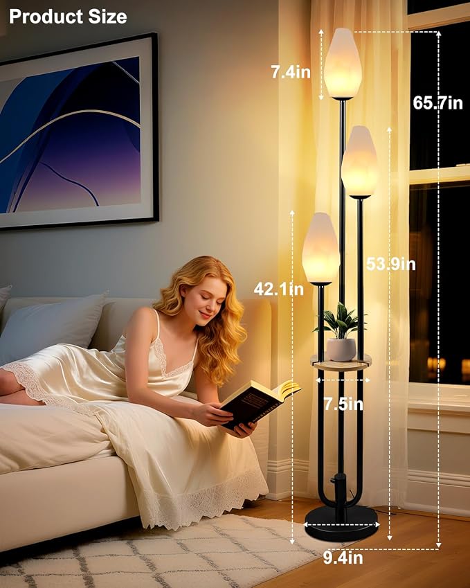 Lightdot Black Dimmable Floor Lamp with Table, 63IN Mid-Century Oval Floor Lamps with 3000K Soft Warm White Bulbs, 3-Lights Candle Holder Style Modern Tall Standing Lamp for Living Room