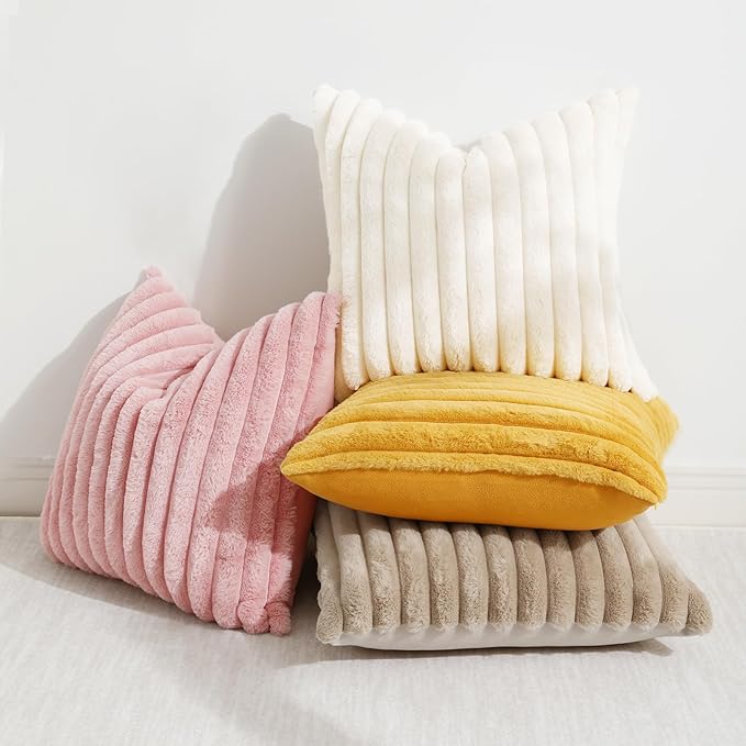 decorUhome Faux Fur Spring Throw Pillow Covers 12x20 Set of 2, Decorative Soft Plush Striped Lumbar Neutral Couch Pillow Covers with Velvet Back for Sofa, Bed, Living Room Home, Khaki Brown