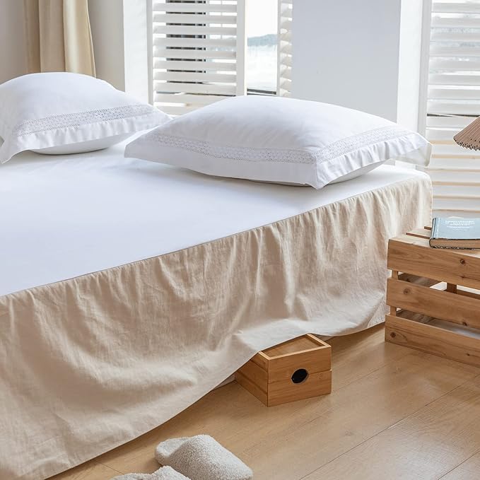 BISELINA French Linen Bed Skirt with Pleated Corner 14-Inch Tailored Drop Natural Flax Cotton Blend Basic Dust Ruffle Soft Cozy Farmhouse Bedding (14" Twin, Basic Linen)