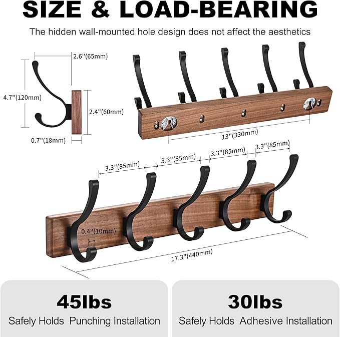 2 Pack 17.3" Small Wooden Coat Rack Wall Mounted with 5 Hooks, Entryway Wall Hooks Coat Hanger for Hanging Towel Clothes Hat Backpack Shoe Purse Key Holder Multi Hook Rail by Black Walnut Wood
