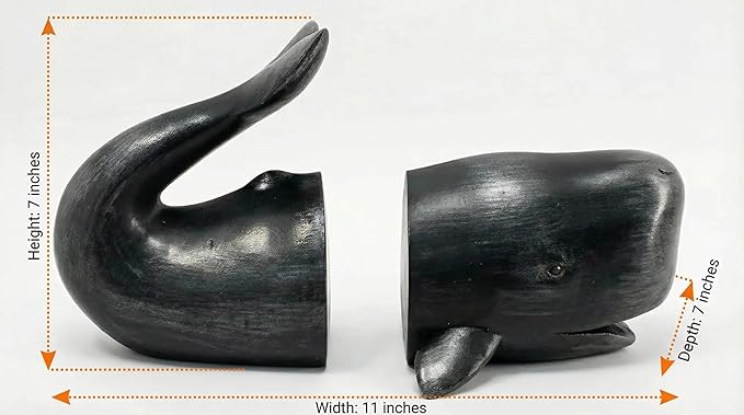 Comfy Hour Nautical Whale Decorative Bookends, Unique Under The Sea Ocean Resin Book Ends for Shelves, Heavy Duty Coastal Book Stopper for Books, Black, 1 Pair